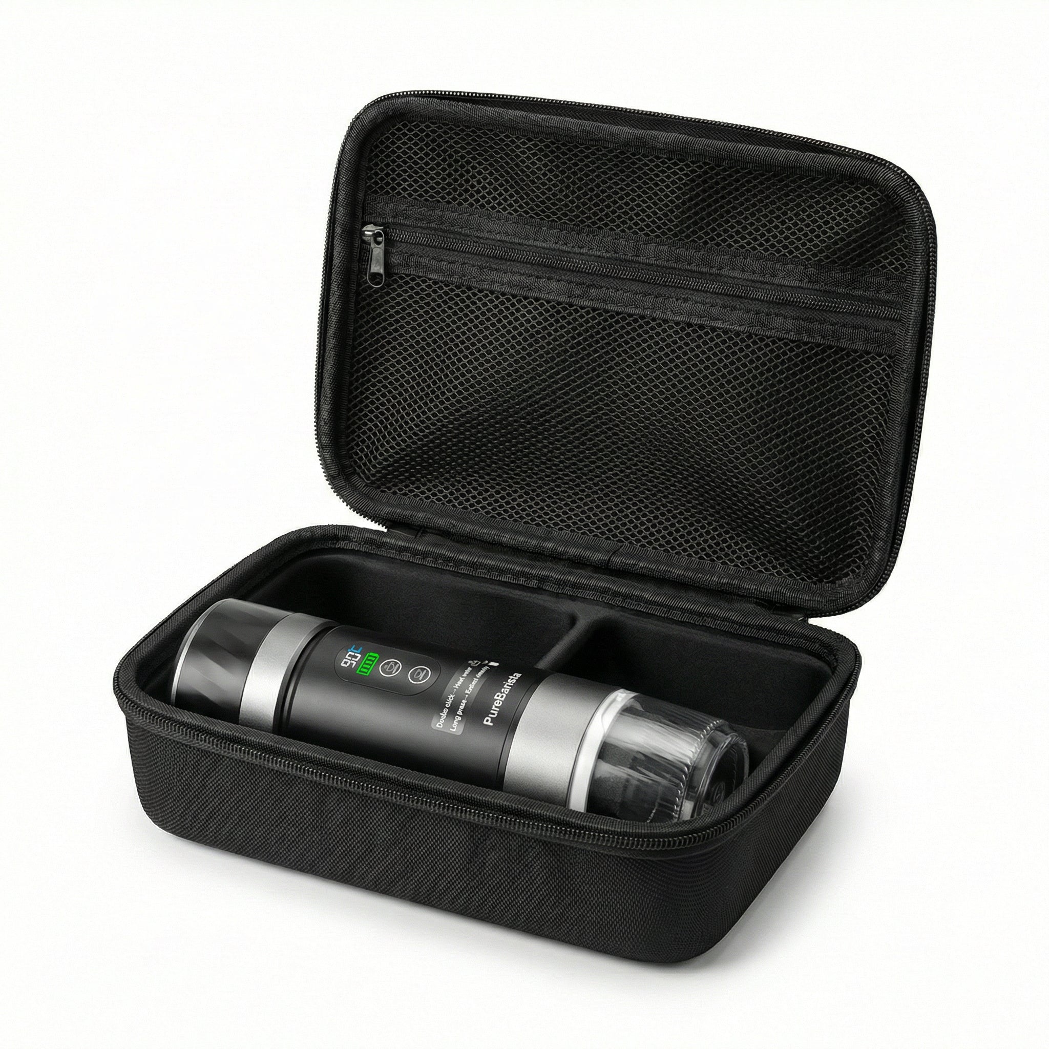 PureBarista espressomachine in open hard case met capsule-opbergruimte