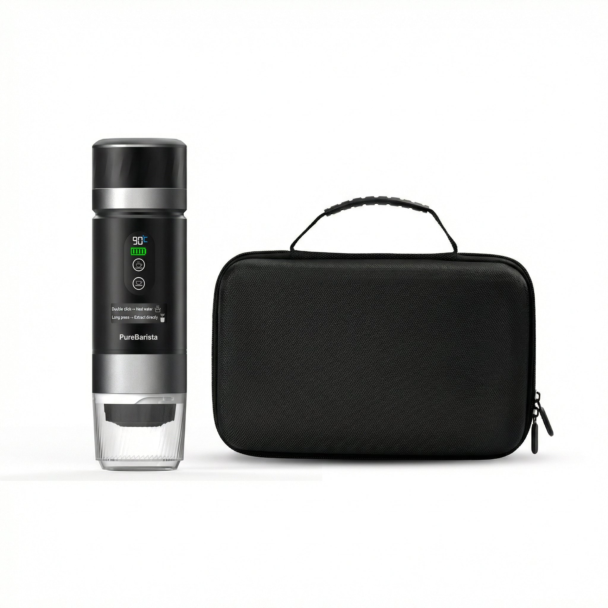 PureBarista draagbare espressomachine naast beschermende hard case