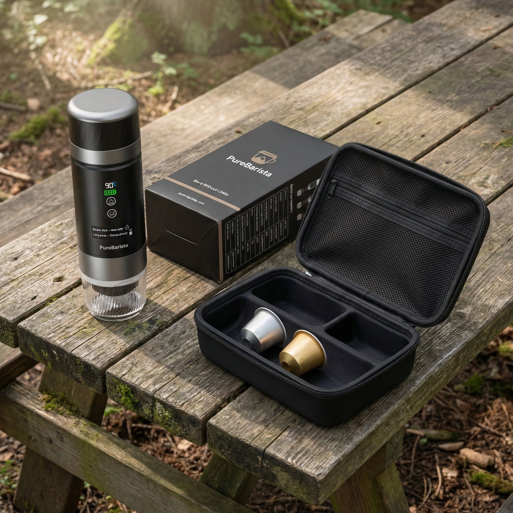 PureBarista espresso zetten buiten op picknicktafel in het bos